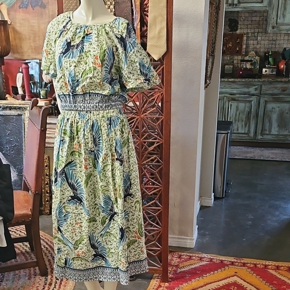 Alex Marie Seychelles Linen Blend Parrot Tropical Skirt & Blouse Set